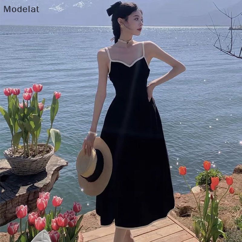 Mfc Đầm Hai Dây Cổ Chữ V Eo Cao Dáng Ôm Phong Cách Pháp Thanh Lịch Dành Cho Nữ