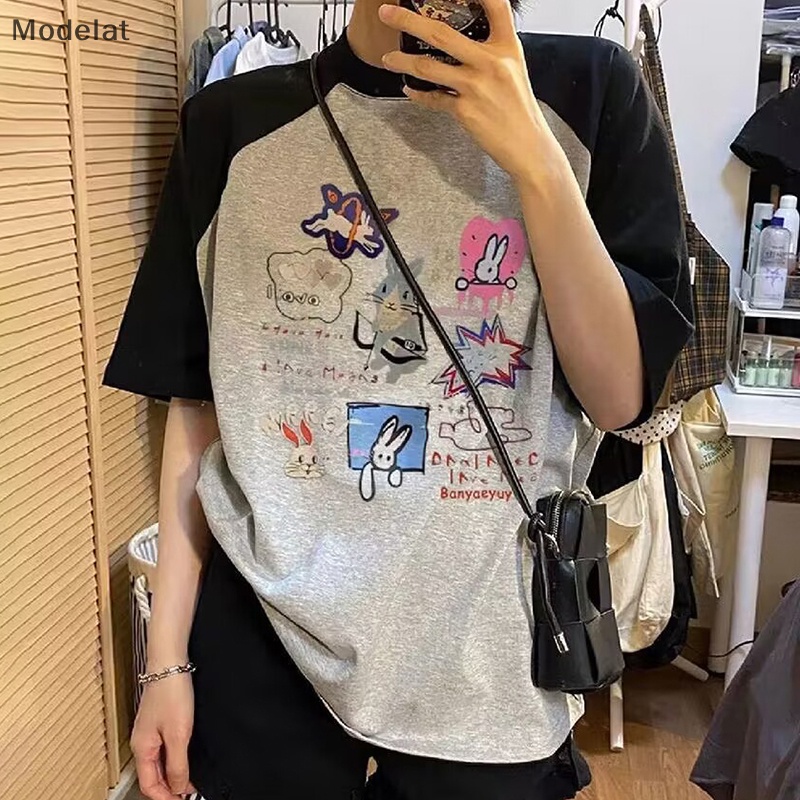 Mfc Áo Thun Mùa Hè Tay Cộc Phối Màu Tương Phản In Họa Tiết Cổ Điển WTD