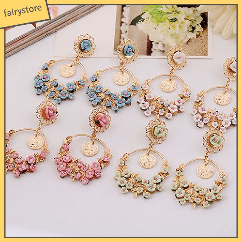 [FRO] Khuyên Tai Tròn Họa Tiết Hoa Thời Trang Dành Cho Nữ