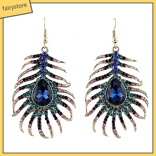 1 Cặp Bông Tai Hình Lông Công Đính Đá Phong Cách Retro Dành Cho Nữ