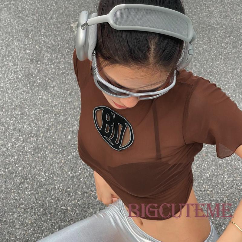 Áo Thun Lưới Tay Ngắn Cổ Tròn Thêu Chữ Phong Cách Đường Phố Cho Nữ