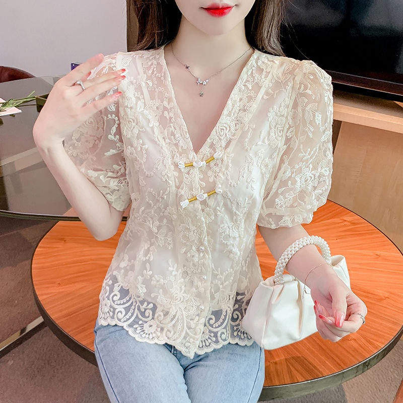 Áo Sơ Mi Ngắn Tay Phối Ren Phong Cách Trung Hoa Thời Trang Mùa Hè Mới 2023