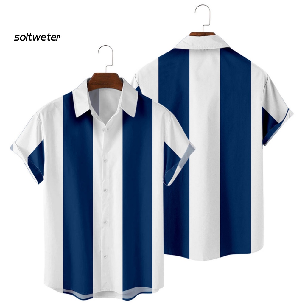 Áo Sơ Mi Tay Ngắn Cổ Bẻ Dáng Rộng Cài Khuy Kẻ Sọc Thời Trang Công Sở Cho Nam