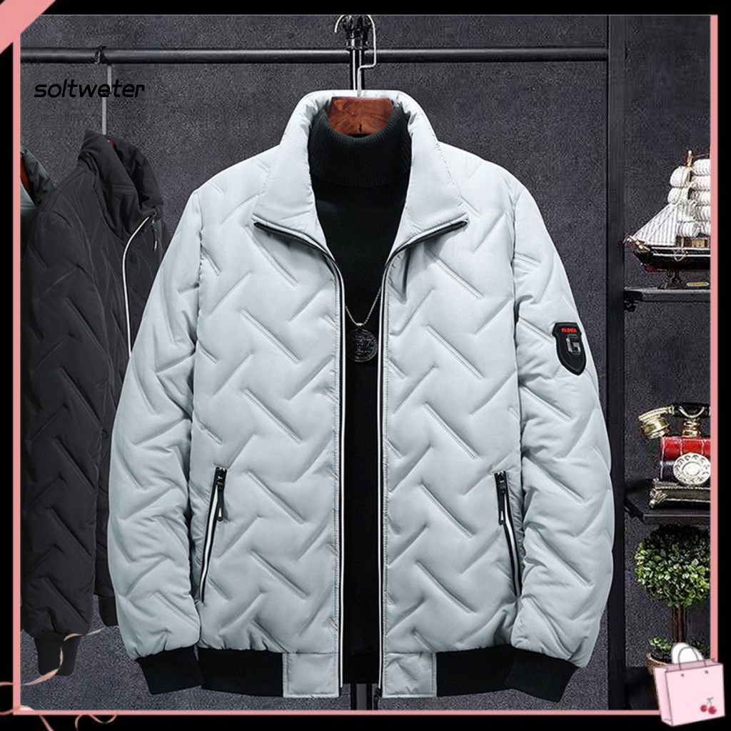 Áo Khoác Phao Cổ Đứng Lót Cotton Màu Trơn Chống Lạnh Phối Túi Cỡ Lớn Thời Trang Đường Phố Cho Nam