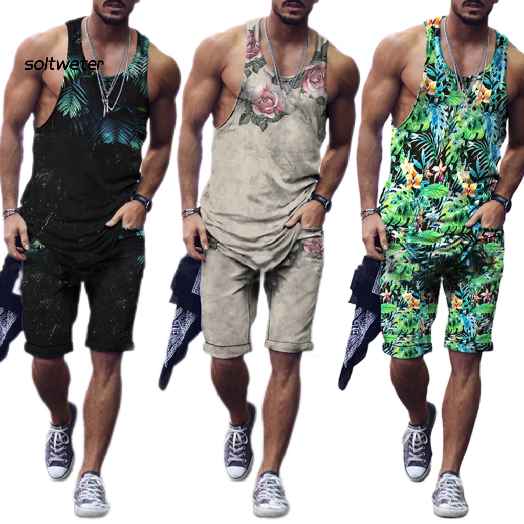 1 Bộ Áo Sát Nách Cổ Tròn In Họa Tiết Kỹ Thuật Số Phối Quần Short Thời Trang Đi Biển Mùa Hè