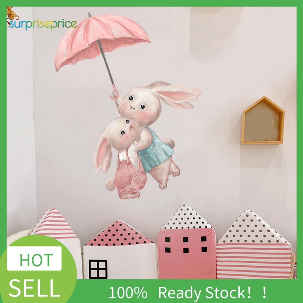 Miếng Dán Tường Tự Dính Chống Xé Không Phai Họa Tiết Hoạt Hình Thỏ Cầm Dù Trang Trí Phòng Ngủ Phục Sinh