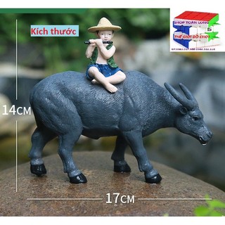 Tượng con trâu 17cm, cậu bé thổi sáo cưỡi trâu trang trí nhà cửa, bon sai, bể cá, sân vườn, tiểu cảnh, phòng khách...