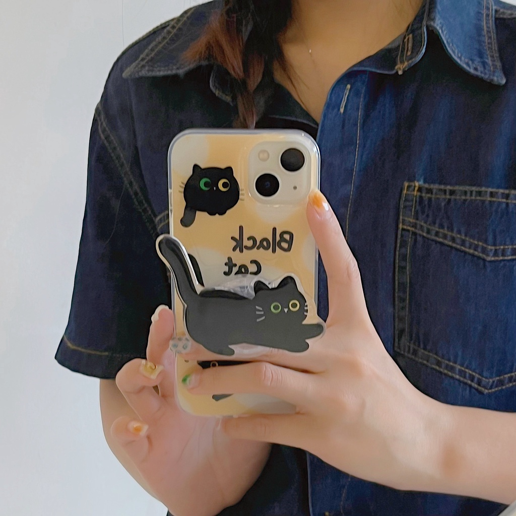 Ốp Điện Thoại imd Mềm Trong Suốt In Hình Mèo Đen Dễ Thương Có Giá Đỡ Cho iPhone 11 13 12 14 Pro Max