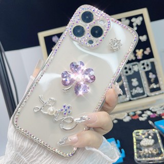 Ốp Sang Trọng Cho iPhone 16 15 14 13 6 6s 7 8 Plus X XS Max XR 11 12 Pro Max 12 Mini Bling Purple Diamond Clover Phone Case với keo dán miễn phí và đá