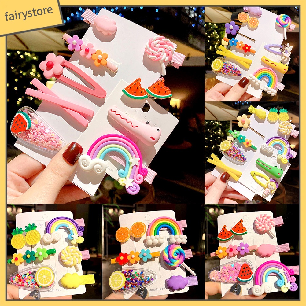 Kẹp Tóc Mái Cầu Vồng Họa Tiết Hoa / Dâu Hoạt Hình Cho Bé Gái