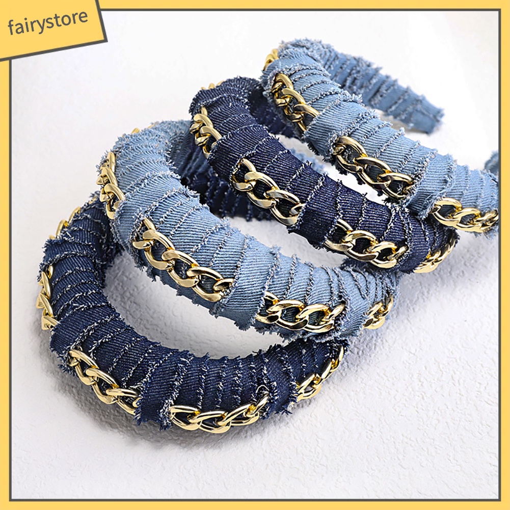 Cài Tóc Vải Jean Màu Trơn Đính Chuỗi Xích Phong Cách Vintage Dành Cho Nữ