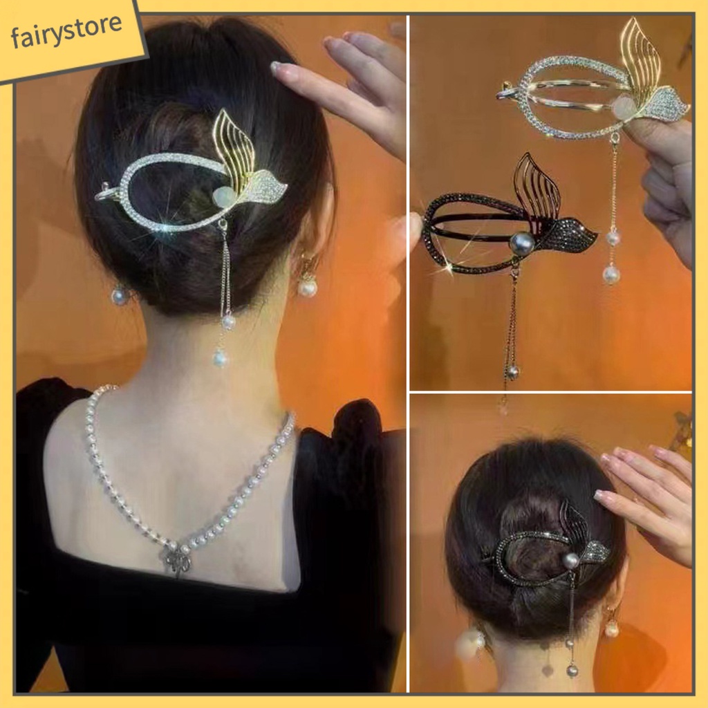 Kẹp Tóc Đính Đá / Ngọc Trai Giả Hình Đuôi Cá Chống Trượt Tiện Dụng