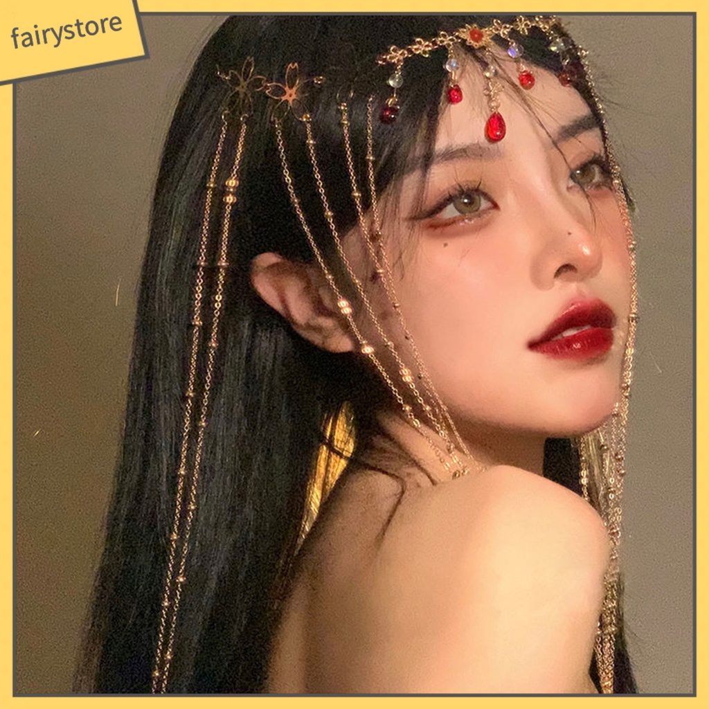 Chuỗi Dây Đeo Trán Co Giãn Họa Tiết Hoa Đính Đá Hình Giọt Nước Lấp Lánh Phong Cách Trung Hoa Cổ Điển