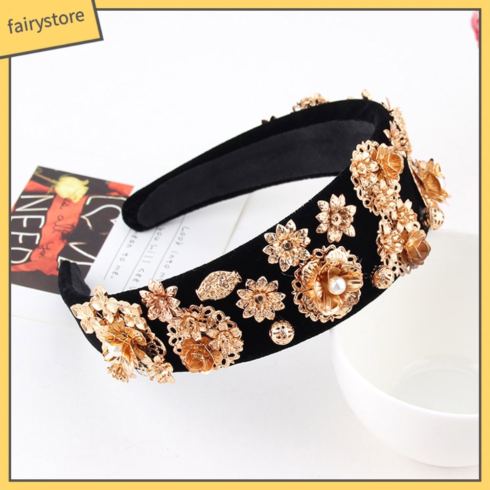 Băng Đô Cài Tóc Bản Rộng Đính Đá &amp; Ngọc Trai Nhân Tạo Cho Nữ