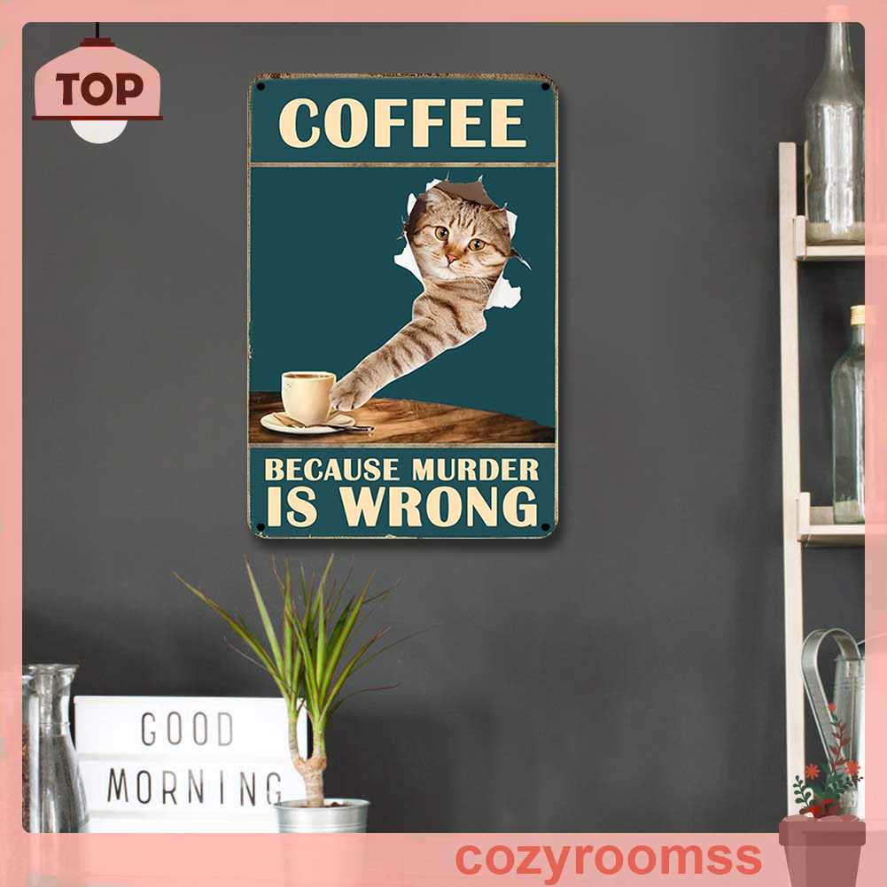 Bảng Kim Loại Hình Chữ Nhật Vẽ Hình Mèo Uống Cà Phê Trang Trí Tường Nhà Để Xe