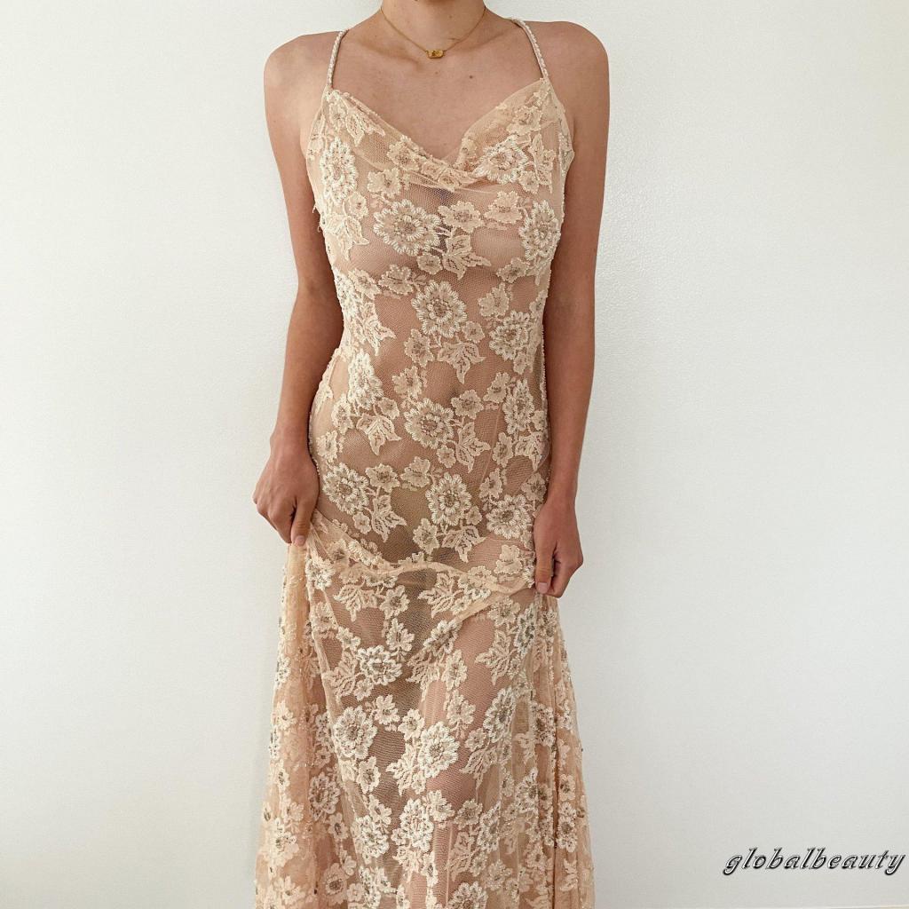 Đầm Dài Không Tay Phối Ren Thiết Kế Chéo Thời Trang Mùa Hè Cho Nữ