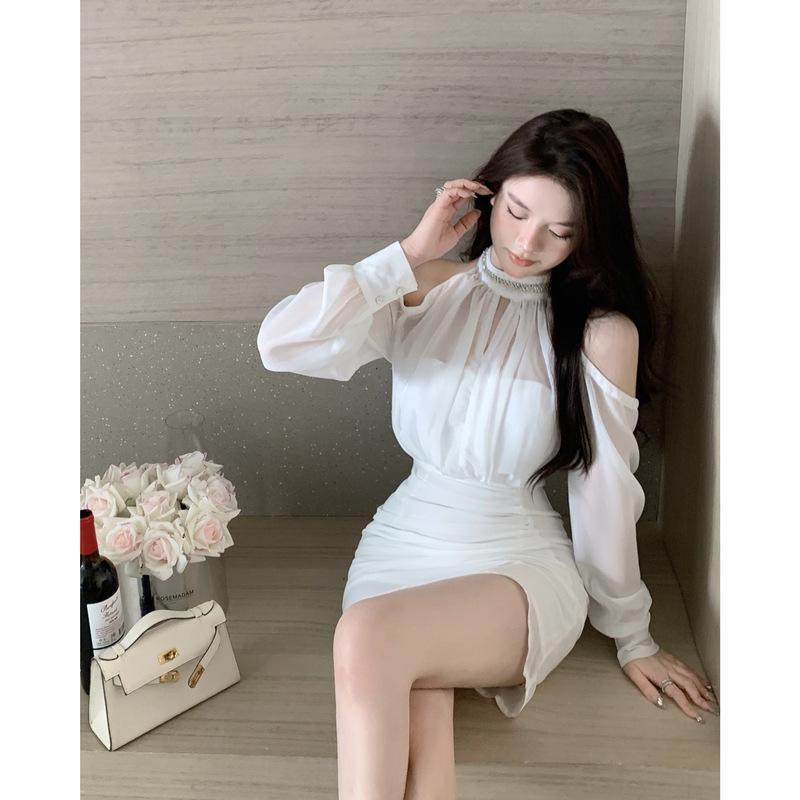 Đầm Chiffon Trắng Dài Tay Mềm Mại Phong Cách Mùa Thu Cho Nữ