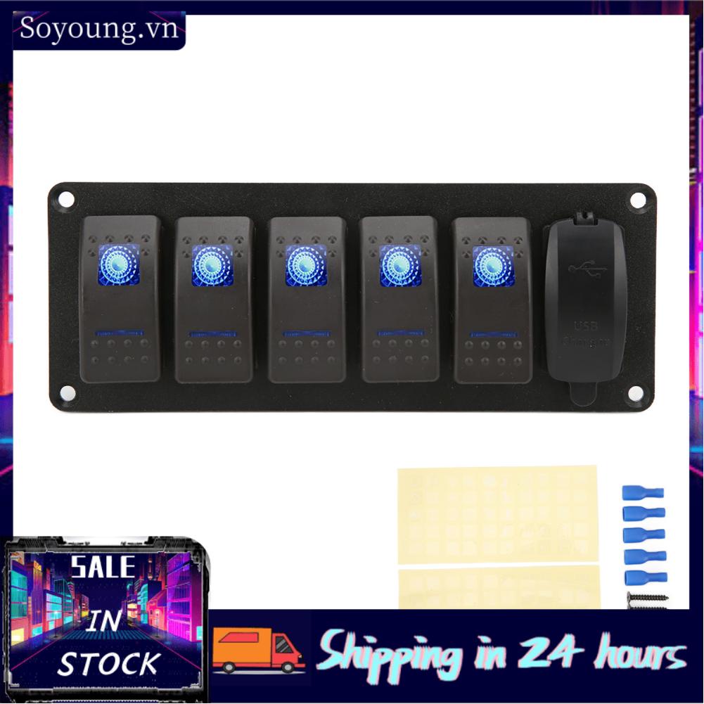 Soyoung 12V-24V 5 Gang Rocker Switch Panel with Dual USB 5V3.4A Blue Backlight  for Marine Boat Car Truck