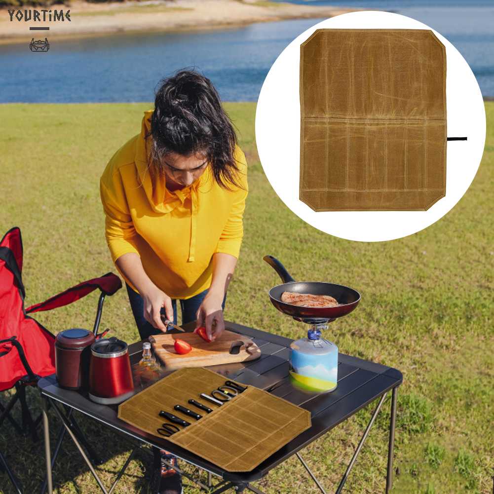 Túi Đựng Dao Nĩa 7 Ngăn Bằng Vải Bạt Dùng Khi Đi Cắm Trại Ngoài Trời