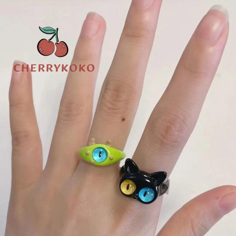 🍒🍒CHERRYKOKO Nhẫn Hình Mèo Đen Mắt To Dễ Thương Vui Nhộn Cho Cặp Đôi