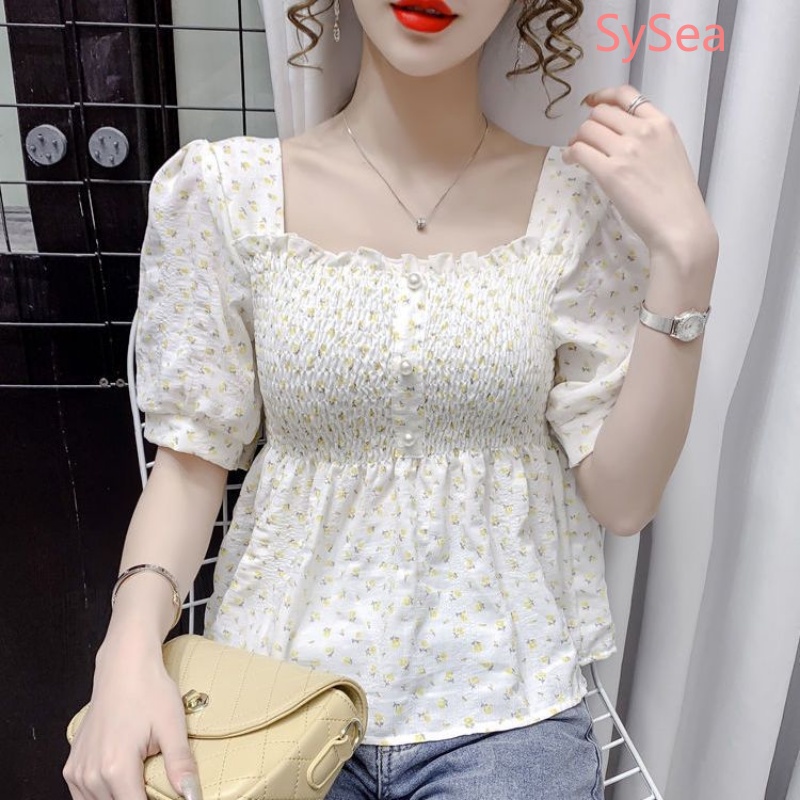 Áo Kiểu Cổ Vuông Họa Tiết Hoa Xinh Xắn Thời Trang Mùa Hè Cho Nữ