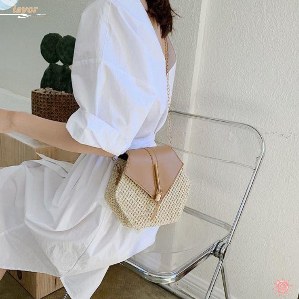 Túi Xách Đan Cói Phối Dây Xích Đeo Vai Cá Tính