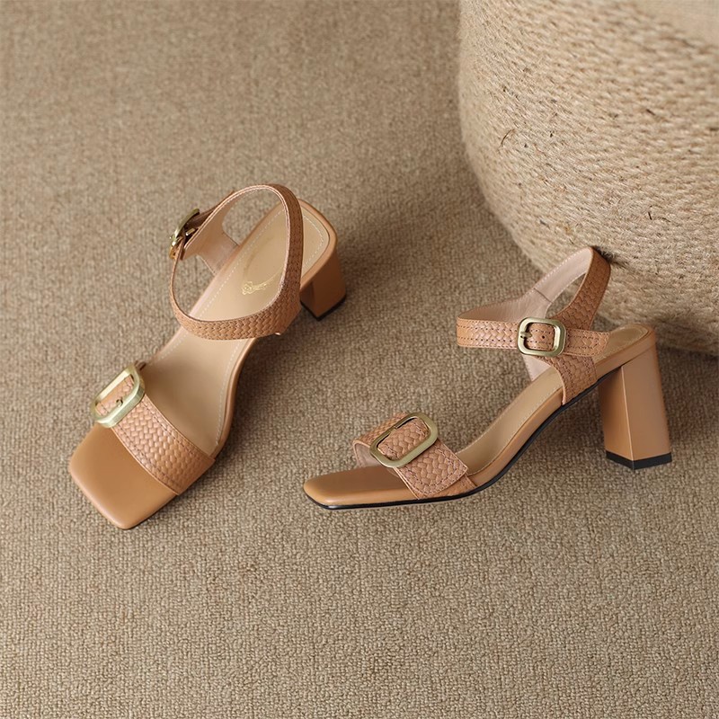 Duoya Tóc Thẳng ~ [Hàng Có Sẵn] Giày Cao Gót Sandal Da Mềm Hở Ngón Màu Cam Phù Hợp Với Mùa Hè Cho Nữ Miễn Phí Vận Chuyển