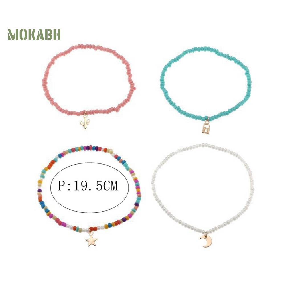 [Mok Abh] Set 4 Lắc Chân Chuỗi Hạt Nhiều Màu Sắc Bắt Mắt Tinh Tế Co Giãn Làm Quà Sinh Nhật Cho Nữ