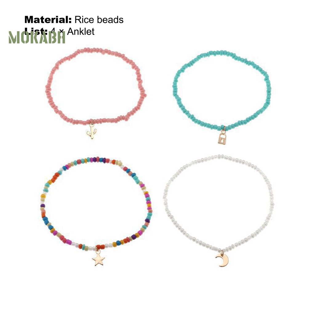 [Mok Abh] Set 4 Lắc Chân Chuỗi Hạt Nhiều Màu Sắc Bắt Mắt Tinh Tế Co Giãn Làm Quà Sinh Nhật Cho Nữ