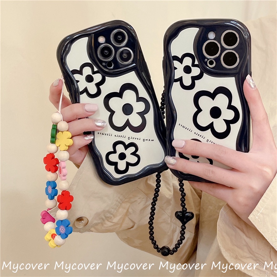 Ốp Điện Thoại Silicon Chống Sốc Họa Tiết Hoa Phối Dây Đeo Chuỗi Hạt Cho iPhone 11 12 13 14 Pro Max X Xr Xs 8 7 6 Plus SE 2020