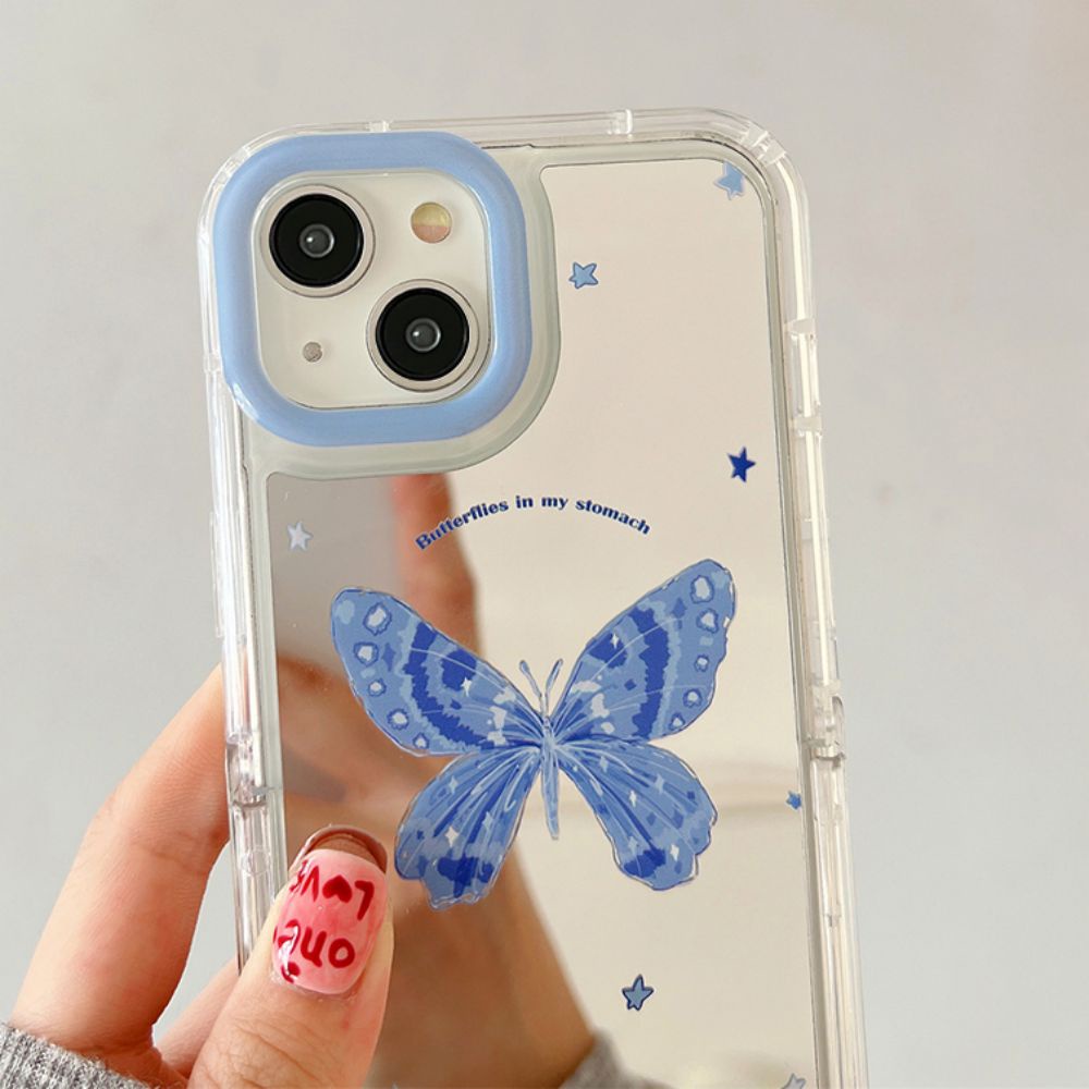 Ốp Điện Thoại TPU Mềm Tráng Gương Họa Tiết Bướm Xanh Dương Có Giá Đỡ Ẩn Cho IPhone 11 14 13 12 Pro Max