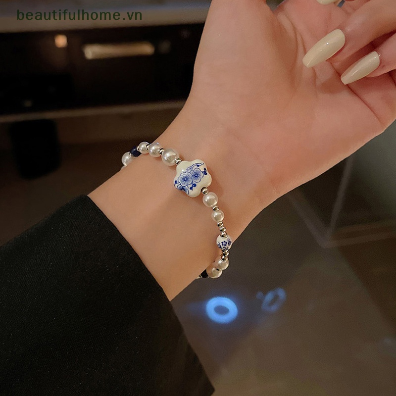 [beautifulhome] Vòng Tay Hoa Sứ Trắng Xanh Trung Quốc Thời Trang Phụ Kiện Trang Sức [beauty]
