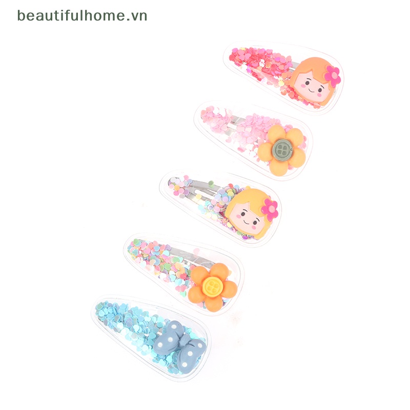 [beautifulhome] Set 5 Kẹp Tóc Mái Bên Họa Tiết Động Vật / Trái Cây / Cát Lún Lấp Lánh Dễ Thương [beauty]