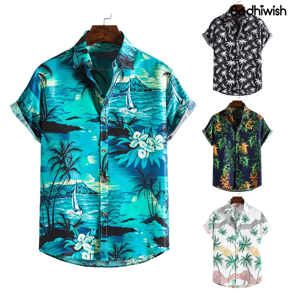 Áo Sơ Mi Tay Ngắn Cổ Bẻ In Họa Tiết Cây Dừa Phong Cách Hawaii Thời Trang Mùa Hè Cho Nam