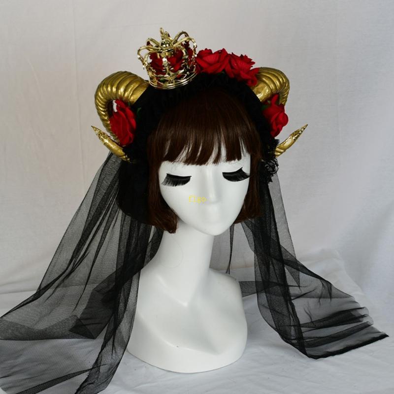 Cài Tóc Hình Sừng Bò Đính Hoa Vương Miện Phong Cách Gothic