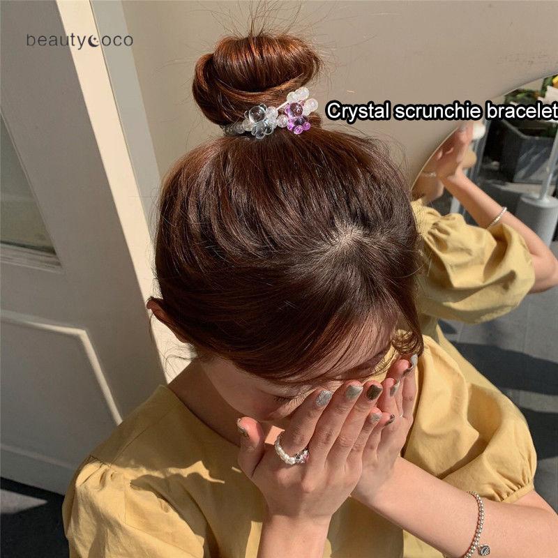 Beautycoco🍊Dây buộc tóc hình gấu đính hạt pha lê trong suốt màu kẹo dễ thương cho nữ