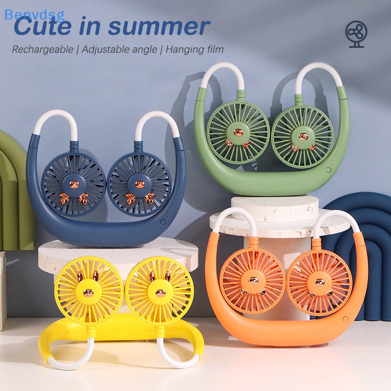 Quạt Đôi Mini Đeo Cổ Rảnh Tay Có Thể Sạc Lại Bằng Cổng USB Dùng Khi Đi Cắm Trại Mùa Hè