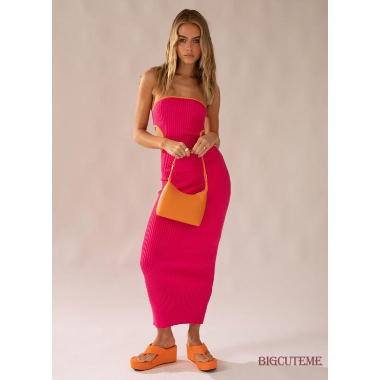 [] - Đầm Dài Dáng Ôm Không Dây Hở Vai Cắt Gân Màu Sắc Tương Phản Dành Cho Bạn Nữ