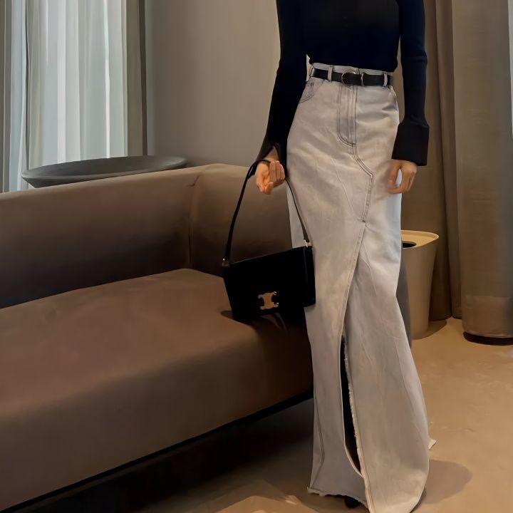 Hàng Mới Về Mới Chân Váy Denim Chữ a Lưng Cao Xẻ Tà Thời Trang Xuân Hè Mỹ 2023 Cho Nữ