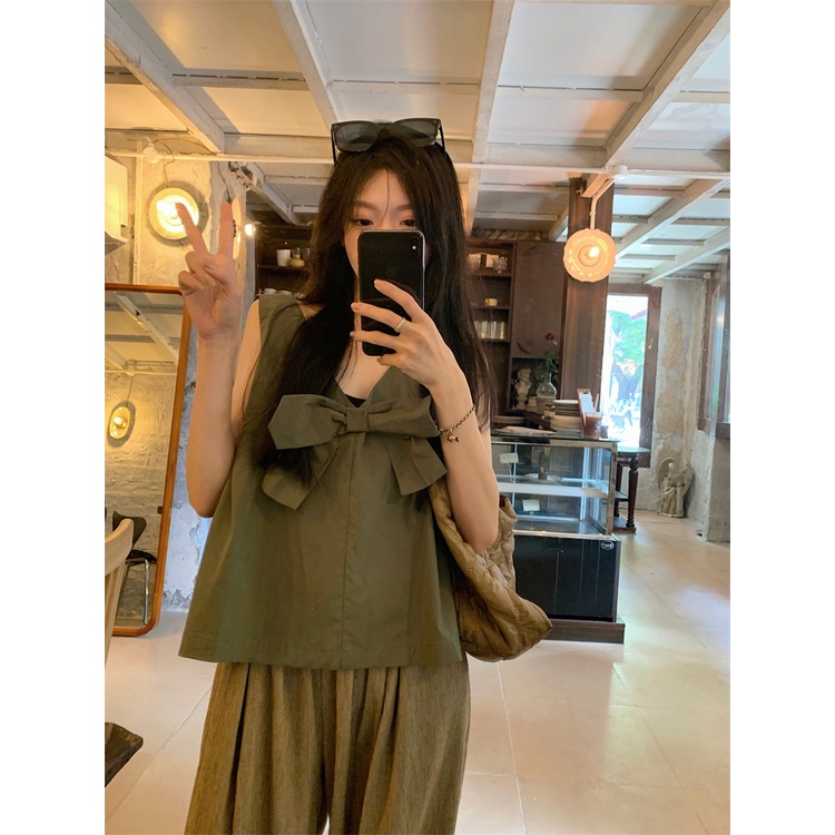 Áo Sơ Mi Nữ Không Tay Cổ Chữ V Thắt Nơ Mới