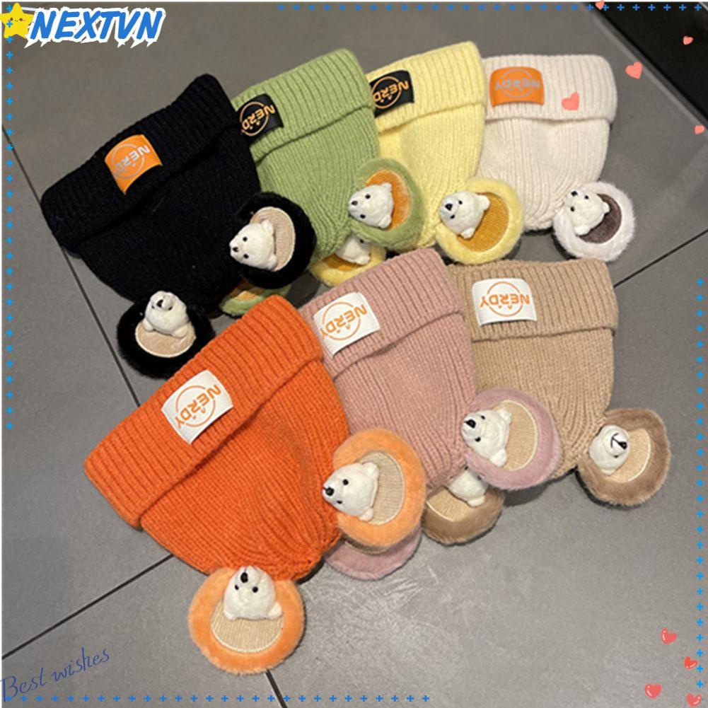 Mũ Beanie Mềm Mại Màu Trơn Đính Tai Gấu Dễ Thương