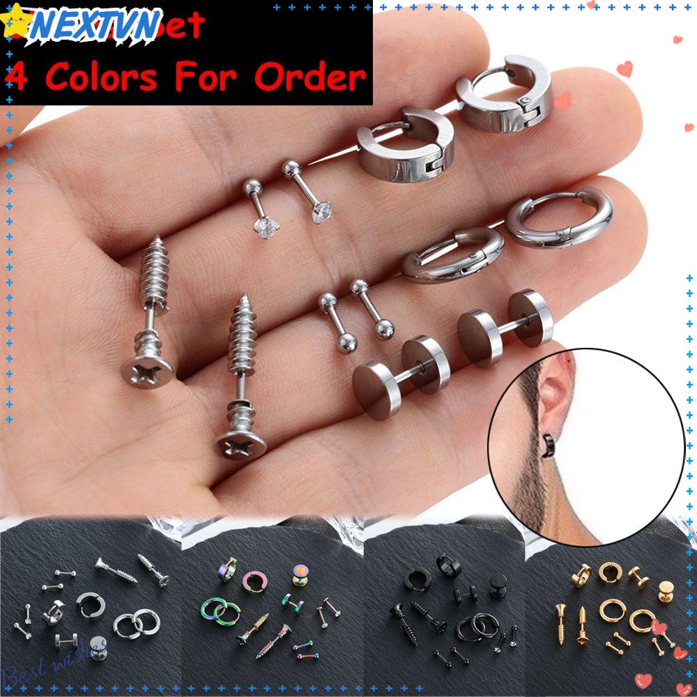Set 6 Đôi Khuyên Tai Bằng Thép Không Gỉ Hình Quả Tạ Màu Đen Phong Cách Gothic