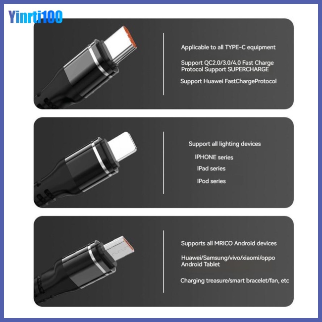 Dây Cáp Sạc Nhanh Yinrti 100w 6a 3 Trong 1 Chuyên Dụng Cho Ios Android Type-c