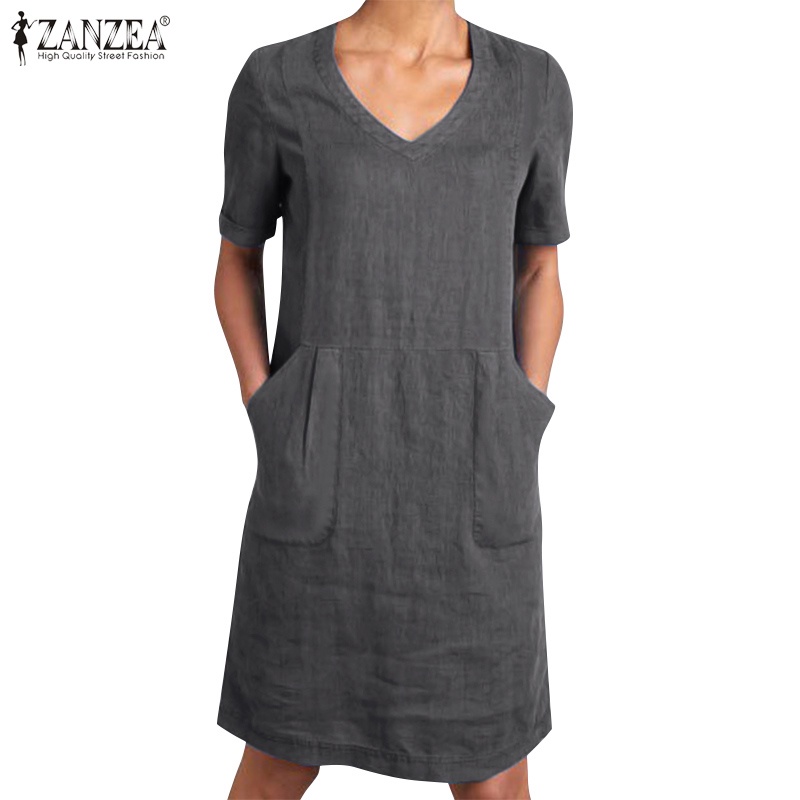 Zanzea Đầm Nữ Ngắn Tay Cổ Chữ V Thời Trang Vintage