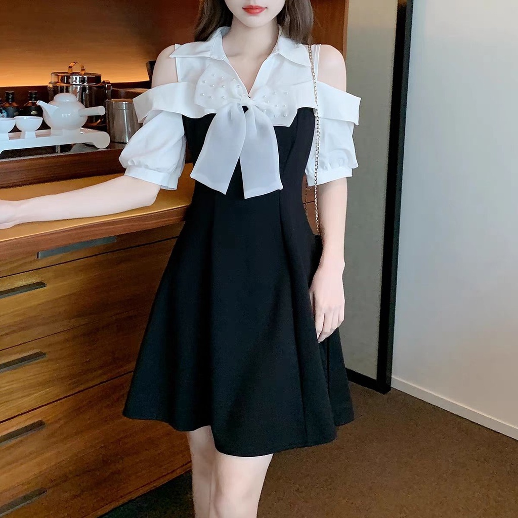 Đầm Trễ Vai Tay Ngắn Màu Đen Phối Nơ Phong Cách Hàn Quốc Thời Trang Xuân Hè Cho Nữ