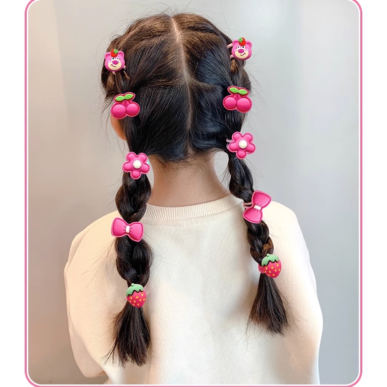Dây Buộc Tóc Cao Su Co Giãn Hình Gấu Và Dâu Tây Dễ Thương Cho Bé Gái Set 10