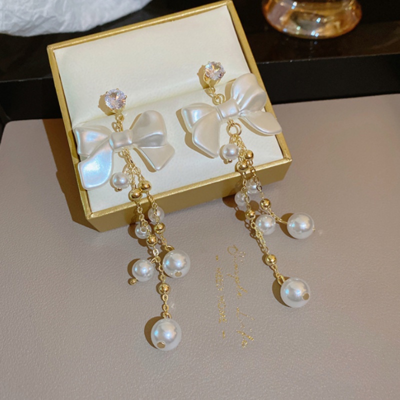 Đôi Bông Tai Dáng Dài Phối Nơ Đính Đá Thời Trang Cho Nữ