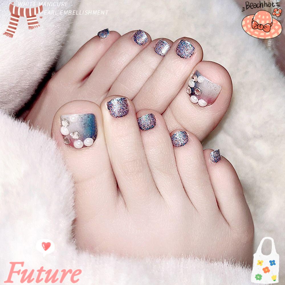 Bộ 24 Móng Chân Giả Ngắn Đính Kim Sa Lấp Lánh Che Phủ Toàn Diện