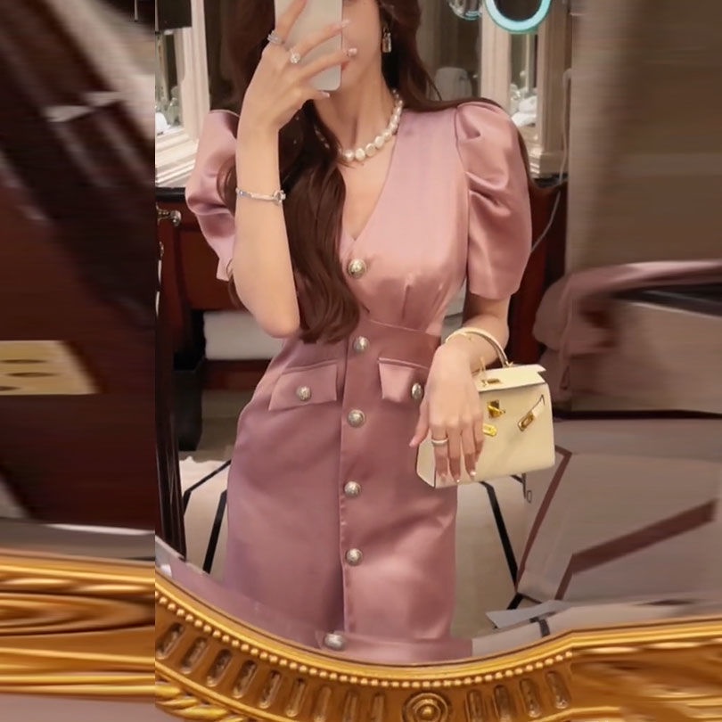 Đầm Satin Cổ V Tay Phồng Thời Trang Mùa Hè Pháp