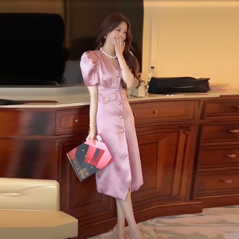 Đầm Satin Cổ V Tay Phồng Thời Trang Mùa Hè Pháp